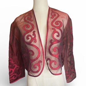Sheer Burgundy Organza Embroidered Bolero Shrug Jacket Romantic Evening